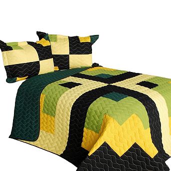 3 pc Geometric Patchwork Quilt Set with Shams Chevron Vermicelli Quilted Bedding