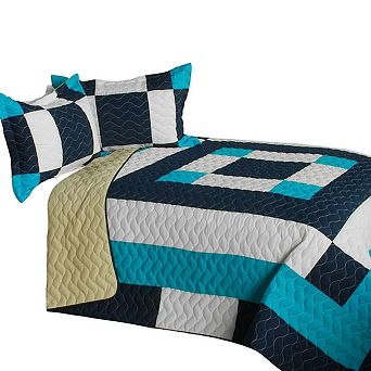 3 pc Geometric Patchwork Quilt Set With Vermicelli Stitching