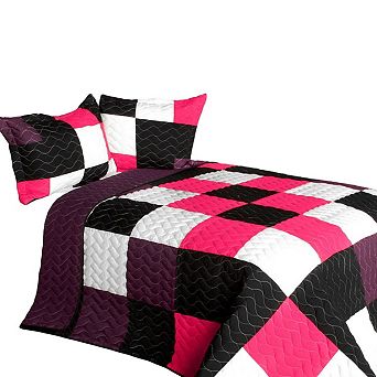 3 pc Colorblock Patchwork Quilt Set with Shams Vermicelli Quilted Bedding Set