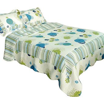 Floral Quilt Set Full Queen Size 3 pc Lightweight Cotton Reversible Bedspread with Shams