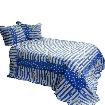 3 pc Cotton Printed Quilt Set Reversible Vermicelli Stitch Bedding with Matching Shams