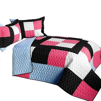 3 pc Geometric Patchwork Quilted Shams with Vermicelli Stitch Design for Bed Styling