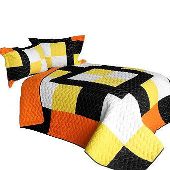 3 pc Geometric Patchwork Quilted Shams with Vermicelli Stitch Design for Bed Styling