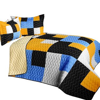 3 pc Block Patchwork Quilt with Vermicelli Stitching and Matching Shams for Bedroom