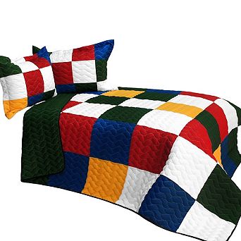 3 pc Checkered Patchwork Quilt with Vermicelli Stitch Detail and Matching Shams for Bedroom