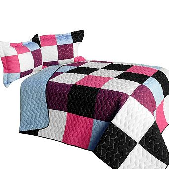 3 pc Checkered Patchwork Quilt with Vermicelli Stitch Detail and Matching Shams for Bedroom