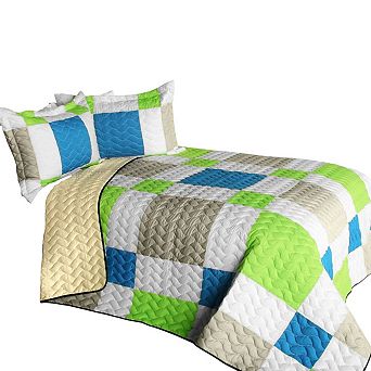 3 pc Geometric Design Patchwork Quilted Bedding with Vermicelli Stitch and Shams