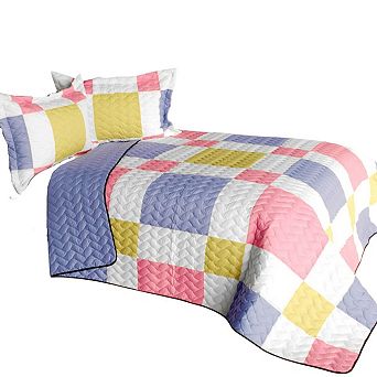 3 pc Geometric Design Patchwork Quilted Bedding with Vermicelli Stitch and Shams