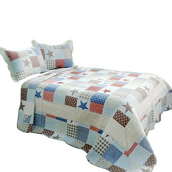 3 pc Cotton Reversible Vermicelli Printed Quilt Set Bedding with Matching Shams