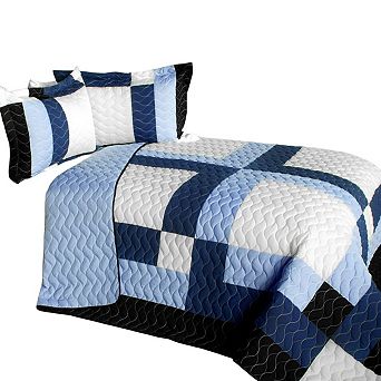 3 pc Multi Pattern Patchwork Quilt with Vermicelli Stitch Detail and Matching Shams