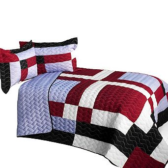 3 pc Multi Pattern Patchwork Quilt with Vermicelli Stitch Detail and Matching Shams