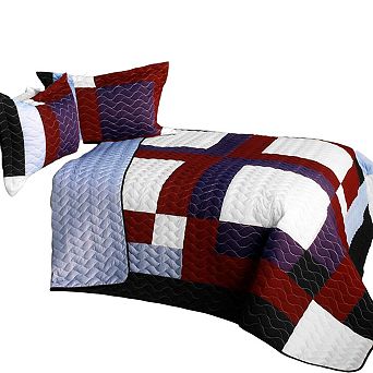 3 pc Multi Pattern Patchwork Quilt with Vermicelli Stitch Detail and Matching Shams