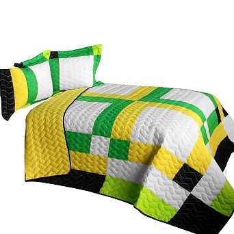 3 pc Multi Pattern Patchwork Quilt with Vermicelli Stitch Detail and Matching Shams