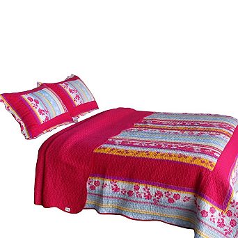3 pc Floral with Lines Print Quilt Set with Shams Vermicelli Quilted Bedding Set Cotton