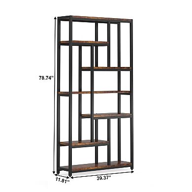 10-Shelf Staggered Bookshelf, Tall Industrial Wood and Metal Display Storage Unit