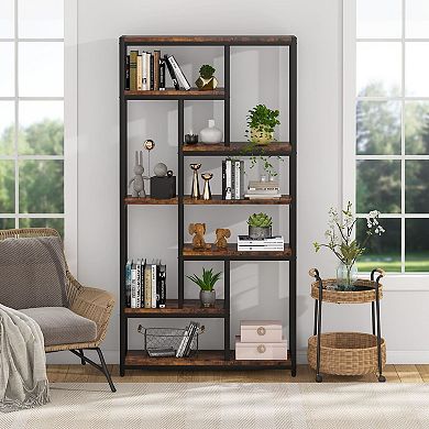 10-Shelf Staggered Bookshelf, Tall Industrial Wood and Metal Display Storage Unit