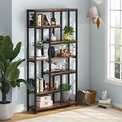 10-Shelf Staggered Bookshelf, Tall Industrial Wood and Metal Display Storage Unit