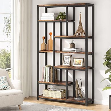 10-Shelf Staggered Bookshelf, Tall Industrial Wood and Metal Display Storage Unit