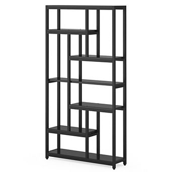 10-Shelf Staggered Bookshelf, Tall Industrial Wood and Metal Display Storage Unit