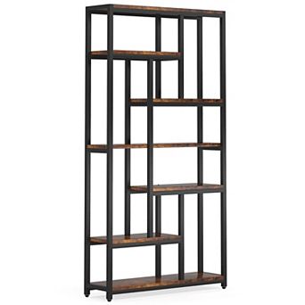 10-Shelf Staggered Bookshelf, Tall Industrial Wood and Metal Display Storage Unit