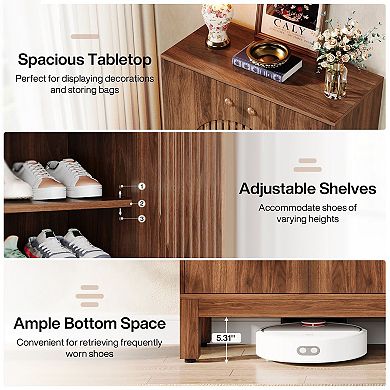 20 Pair Shoe Cabinet with Louvered Doors Entryway Shoe Storage Organizer with Adjustable Shelves