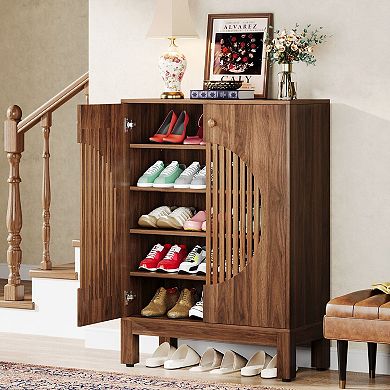 20 Pair Shoe Cabinet with Louvered Doors Entryway Shoe Storage Organizer with Adjustable Shelves
