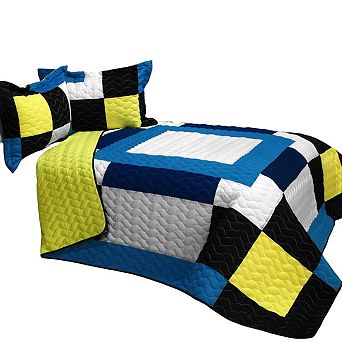 3 pc Geometric Design Quilt with Patchwork Layout and Shams for Bed Styling