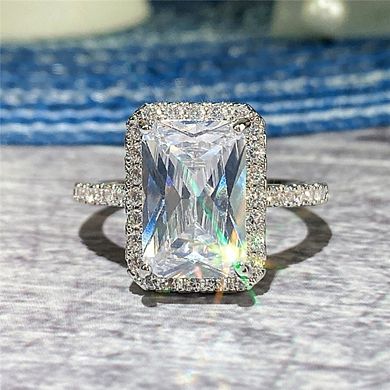 White Gold Plated Square Cubic Zirconia Elegant Minimalist Engagement Ring