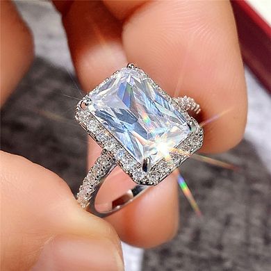 White Gold Plated Square Cubic Zirconia Elegant Minimalist Engagement Ring