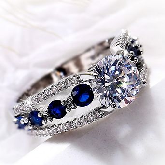 Women Blue White Round CZ Novel Designed Female Party Ring