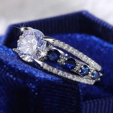 Women Blue White Round CZ Novel Designed Female Party Ring