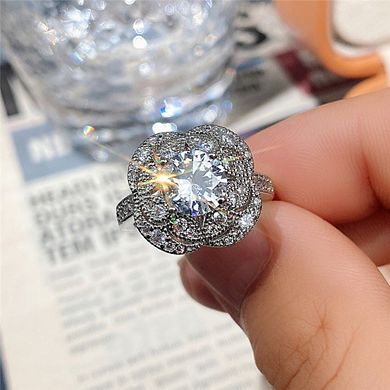 White Gold Plated Round Cubic Zirconia Vintage Bloom Engagement Ring
