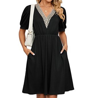 Womens A line V Neck Dress with Pockets Solid Color Short Sleeve Waist Retraction Dress