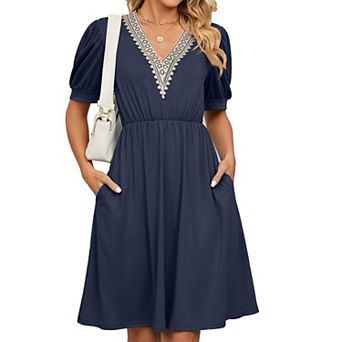 Womens A line V Neck Dress with Pockets Solid Color Short Sleeve Waist Retraction Dress