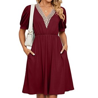 Womens A line V Neck Dress with Pockets Solid Color Short Sleeve Waist Retraction Dress