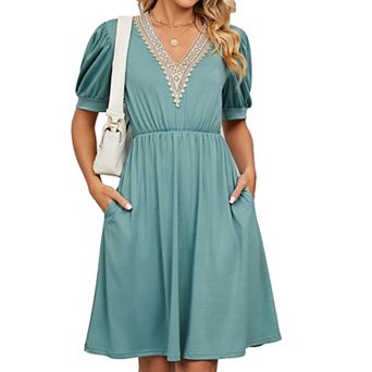 Womens A line V Neck Dress with Pockets Solid Color Short Sleeve Waist Retraction Dress