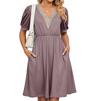 Womens A line V Neck Dress with Pockets Solid Color Short Sleeve Waist Retraction Dress