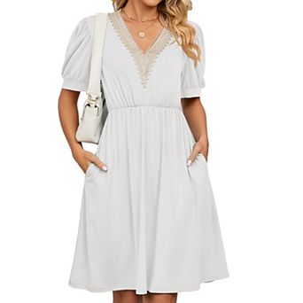 Womens A line V Neck Dress with Pockets Solid Color Short Sleeve Waist Retraction Dress