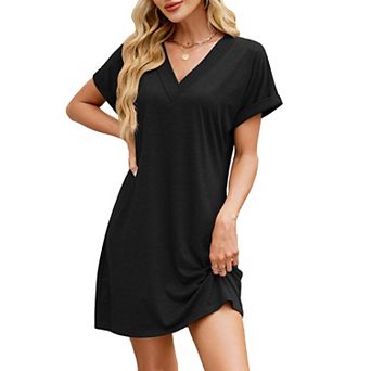 Women's Short Sleeve Solid Dress V-Neck Casual Dress with Pockets Loose Dresses