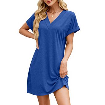 Women's Short Sleeve Solid Dress V-Neck Casual Dress with Pockets Loose Dresses