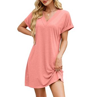 Women's Short Sleeve Solid Dress V-Neck Casual Dress with Pockets Loose Dresses