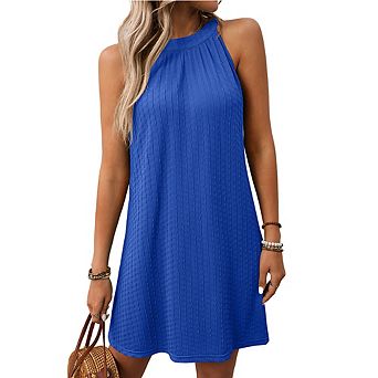 Womens Sleeveless A Line Halter Dress Crewneck Textured Flowy Mini Sundress