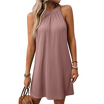 Womens Sleeveless A Line Halter Dress Crewneck Textured Flowy Mini Sundress