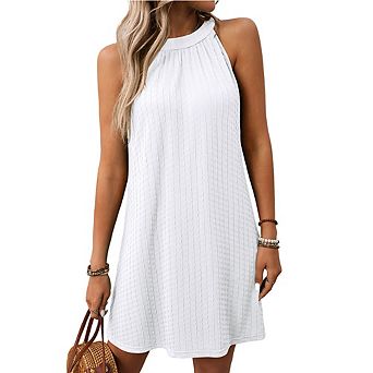 Womens Sleeveless A Line Halter Dress Crewneck Textured Flowy Mini Sundress