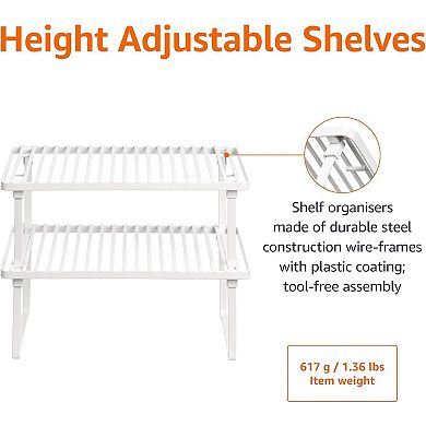 Set of 2 Stackable Metal Storage Shelves Kitchen Cabinet Organizer for Dishes