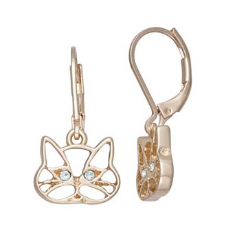 Pet Friends Gold-Tone Polished Leverback Cat Drop Earrings