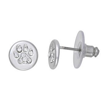 Pet Friends Silver Tone Sparkling Round Paw Print Stud Earrings