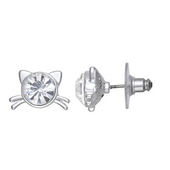 Pet Friends Silver Tone Polished Alloy Cat Button Stud Earrings