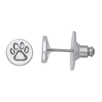 Pet Friends Silver-Tone Polished Post Paw Button Stud Earrings