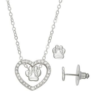 Pet Friends Silver Tone Polished Alloy Heart Paw Pendant Necklace & Earrings Set